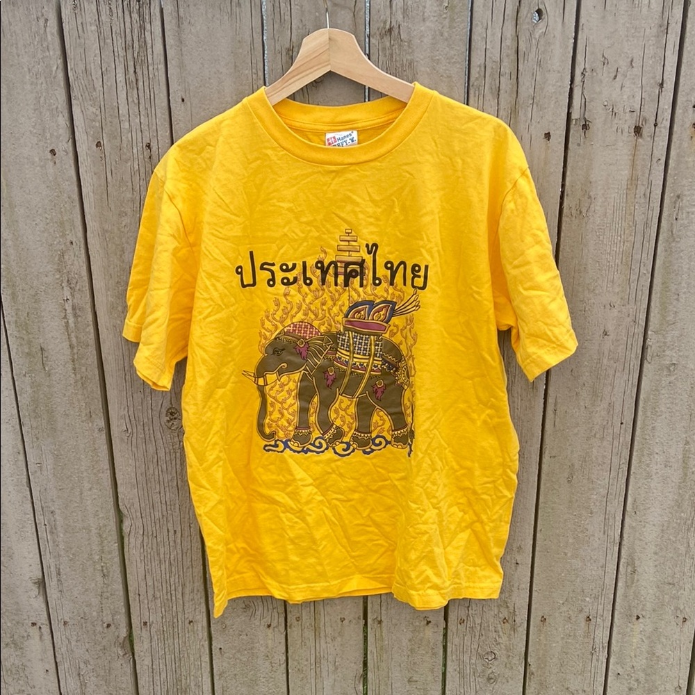Vintage Hanes Vibrant Yellow Short Sleeve Tees with Thai-Inspired Designs